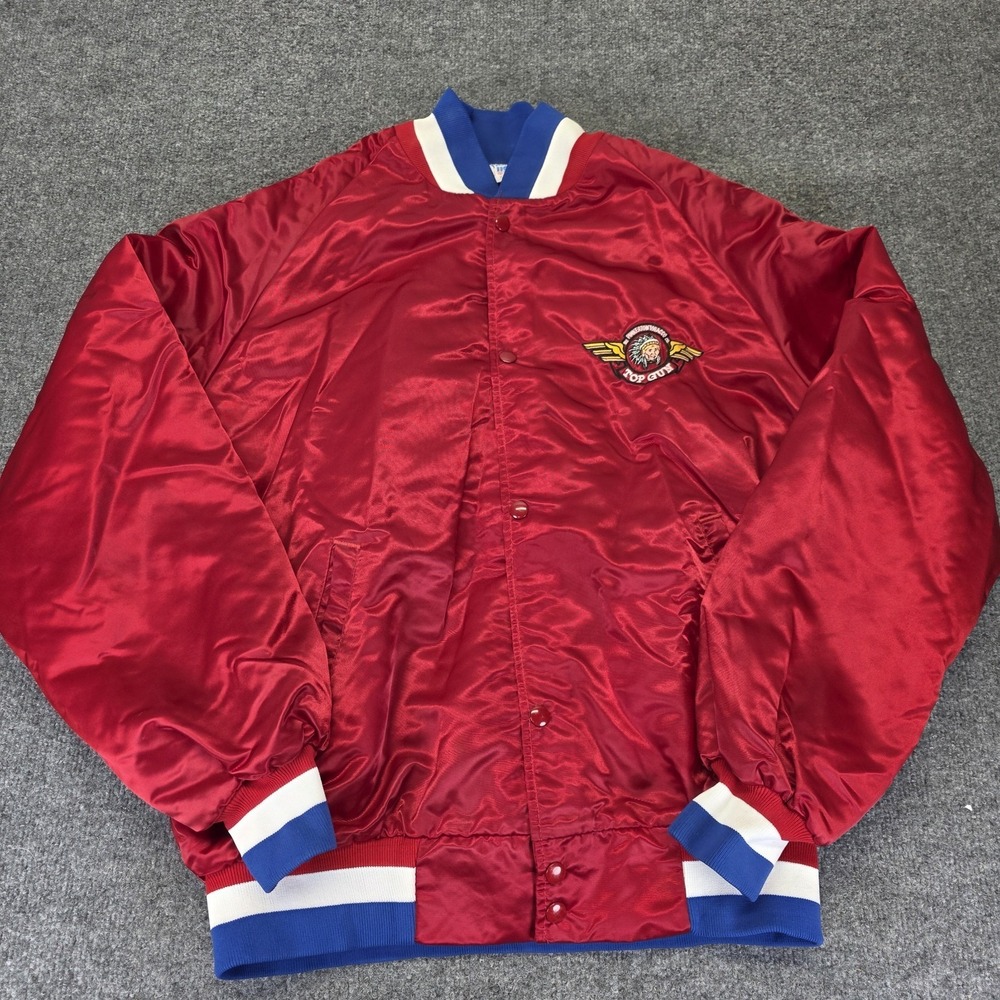 Vintage Westark Satin Bomber Jacket Size XL Red Man Pinkerton Tobacco Co